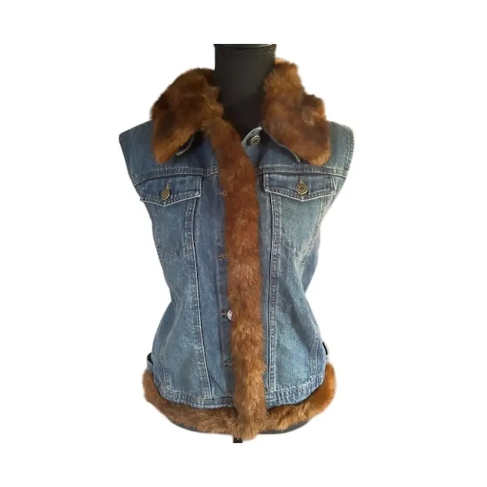 Vintage Fuda Sport Denim Vest with Faux Fur Trim – Size Large NWOT